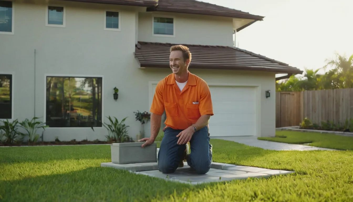 Friendly provider and homeowner reviewing a septic system repair near a backyard tank lid in Boca Raton